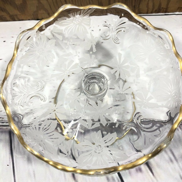 Glass Etched Pedestal Compote Dish Gold Trim - Picture 4 of 7